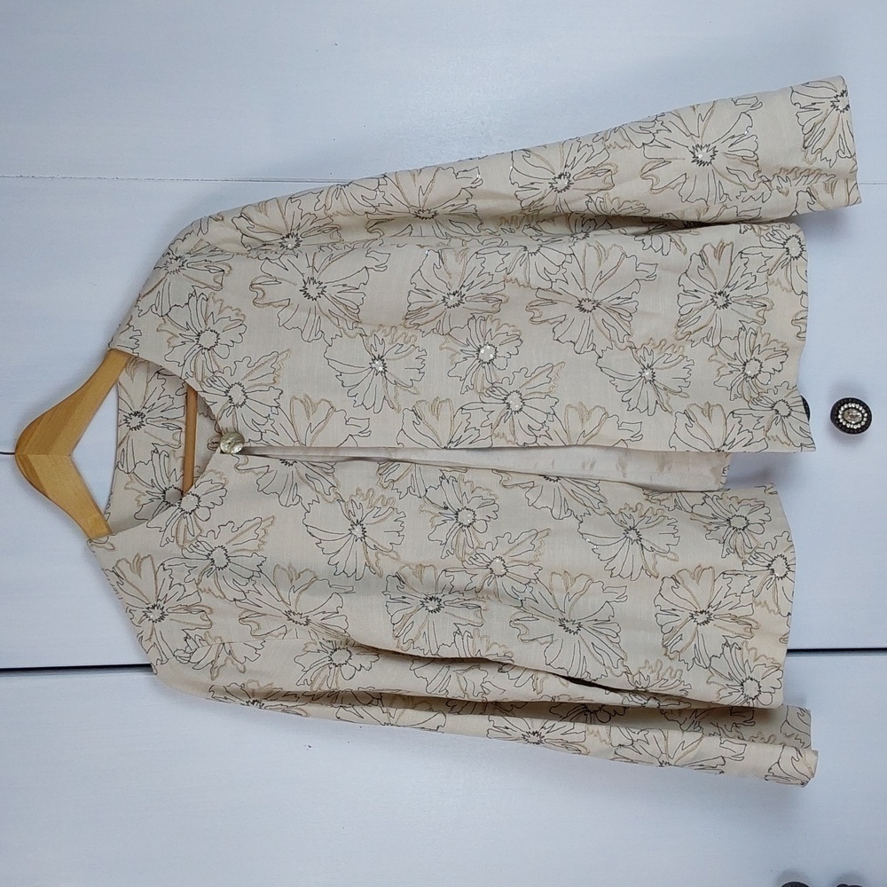 Laura Ashley| Cream Embroidered Floral Silk Open Blazer Neutral Office  Sz.M
